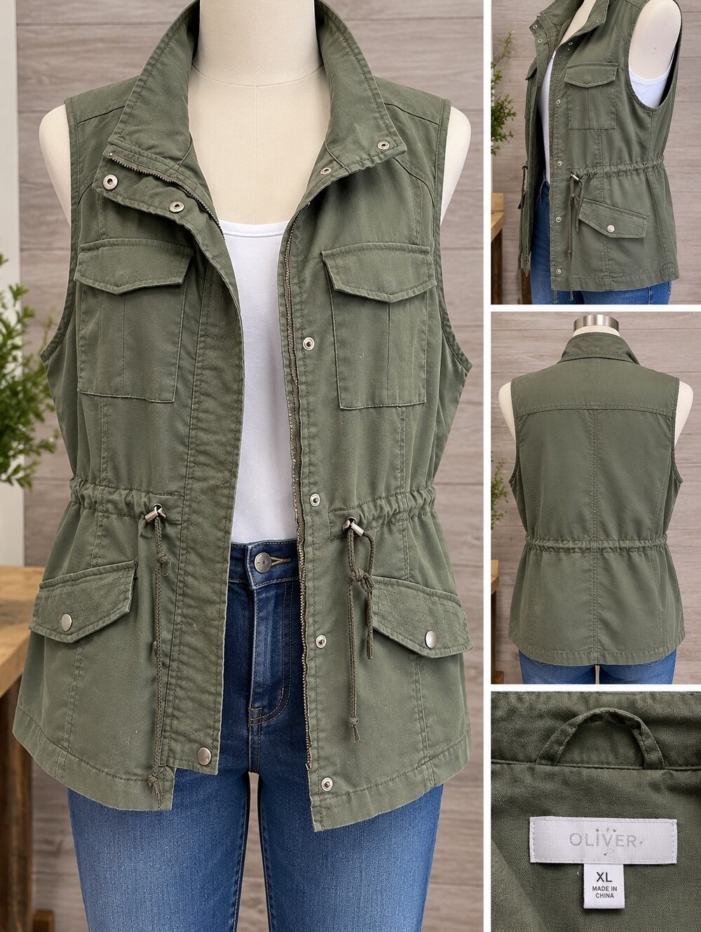 new directions Olive Green Utility Vest with Drawcord Waist
